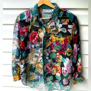 VINTAGE Leena Studio Chiffon Beaded Floral Button-Down